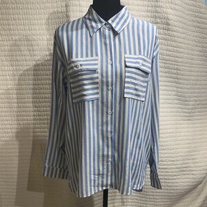 White and Blue Long Sleeve Button Down Collar Womens Shirt